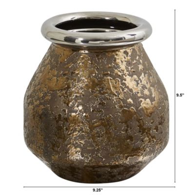 9.5-Inch Textured Bronze Vase with Silver Rim