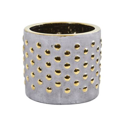 Nearly Natural 7-Inch Regal Stone Hobnail Planter with Gold Accents, Grey