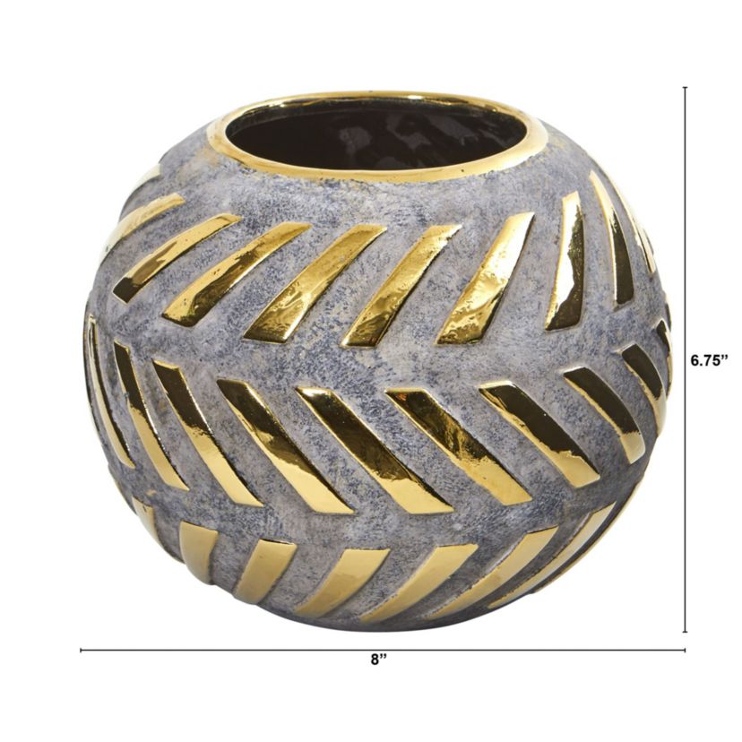 8-Inch Regal Round Stone Vase with Gold Accents