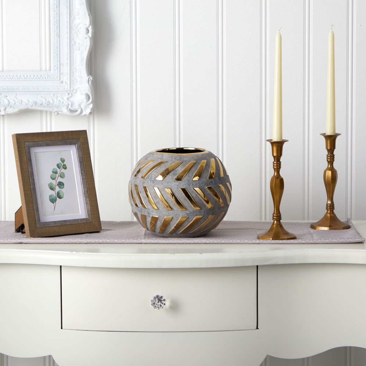 8-Inch Regal Round Stone Vase with Gold Accents