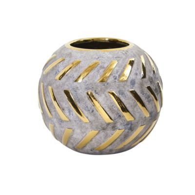 Nearly Natural 6-Inch Regal Round Stone Vase with Gold Accents, Grey