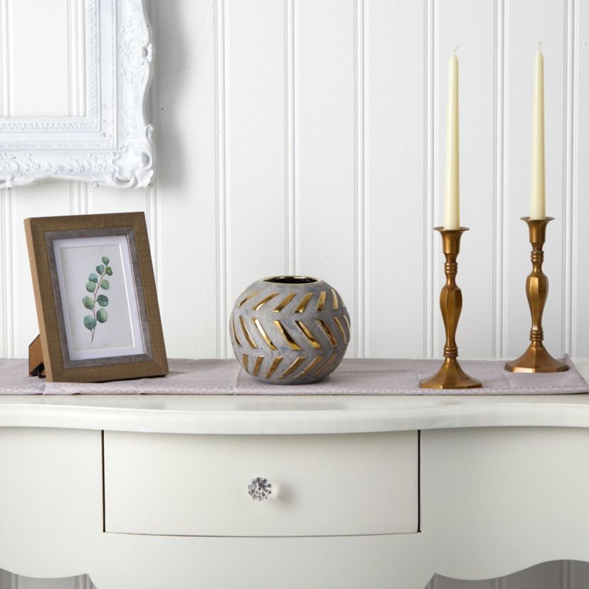 6-Inch Regal Round Stone Vase with Gold Accents