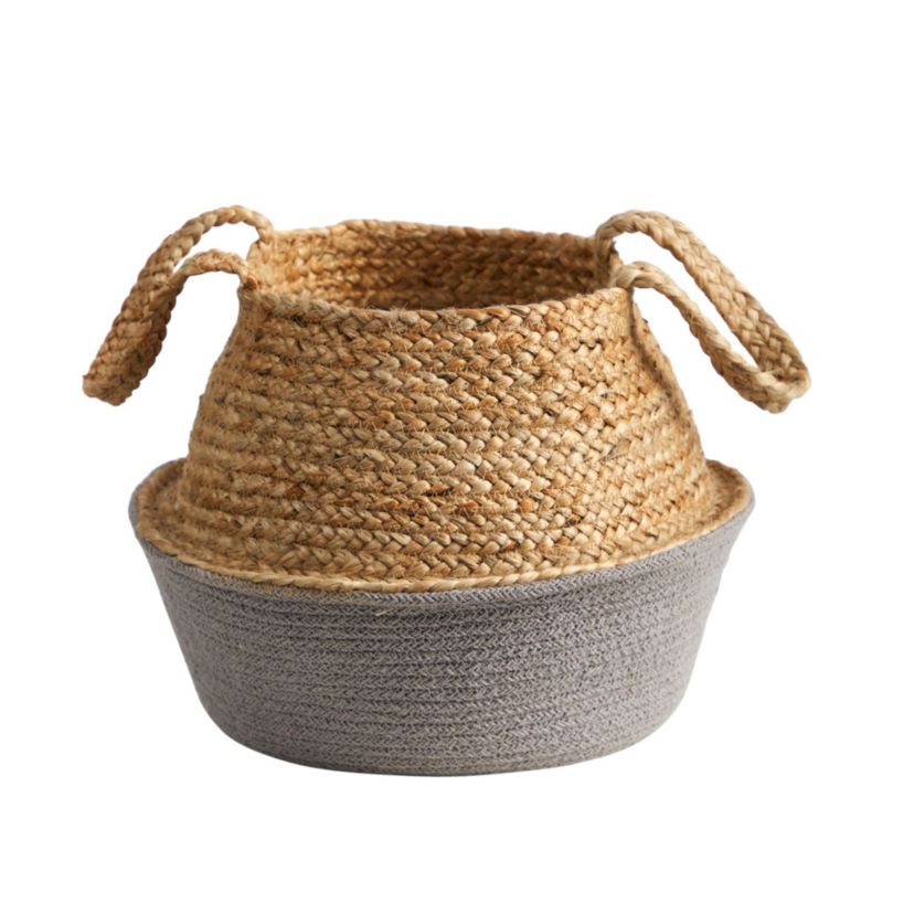 14-Inch Boho Chic Handmade Cotton and Jute Gray Woven Basket Planter