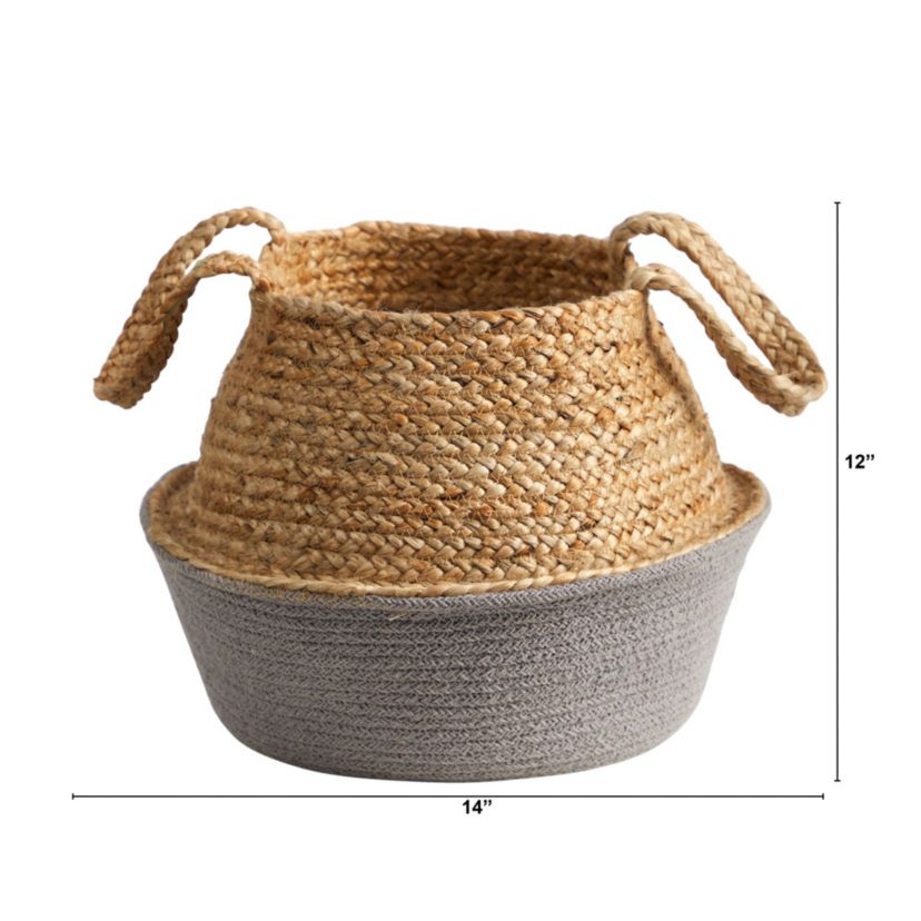 14-Inch Boho Chic Handmade Cotton and Jute Gray Woven Basket Planter
