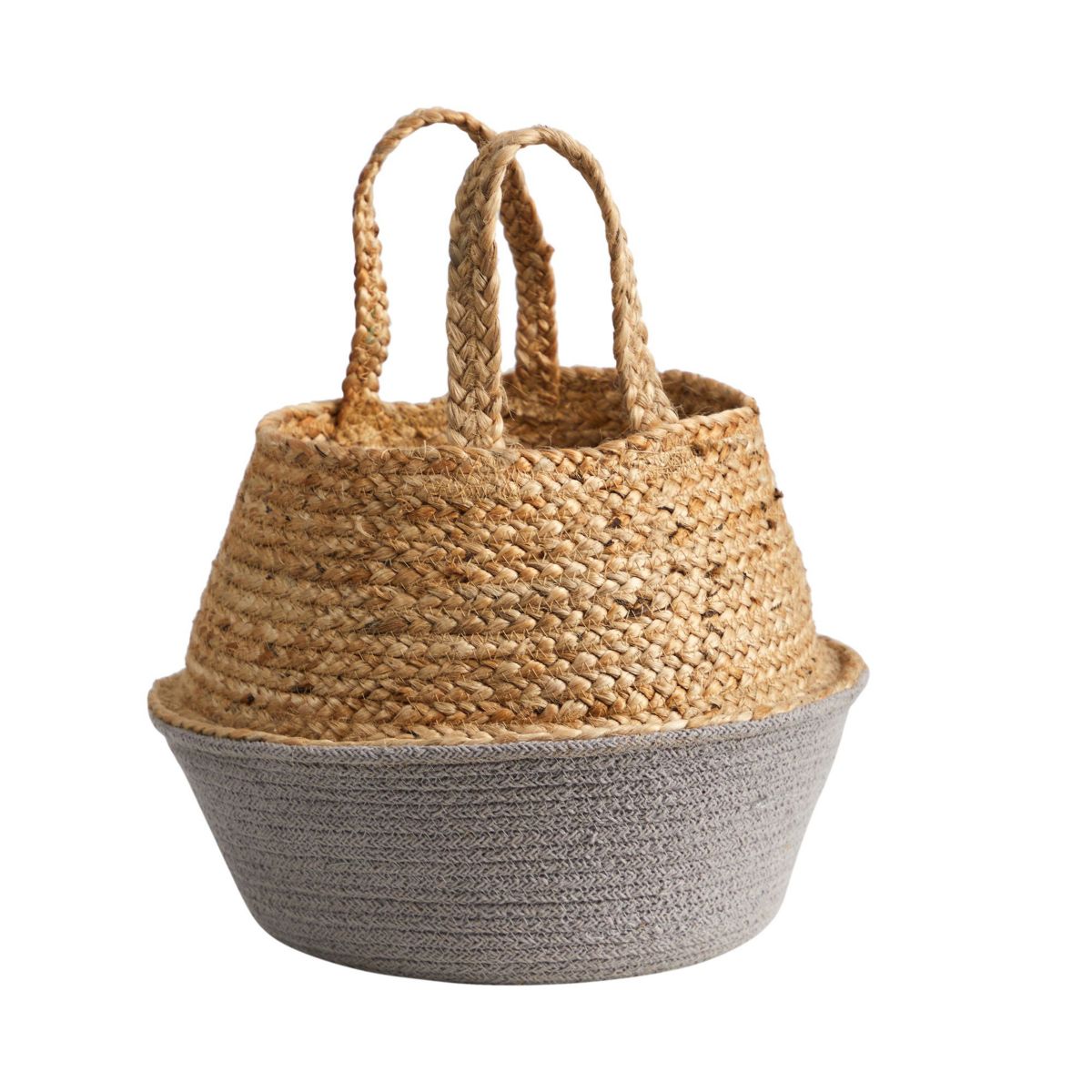 14-Inch Boho Chic Handmade Cotton and Jute Gray Woven Basket Planter