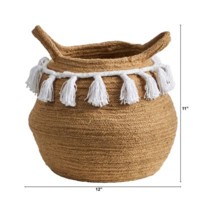 11-Inch Boho Chic Handmade Natural Cotton Woven Basket Planter with Tassels