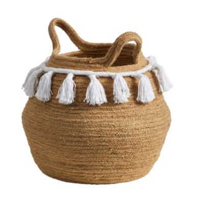 11-Inch Boho Chic Handmade Natural Cotton Woven Basket Planter with Tassels