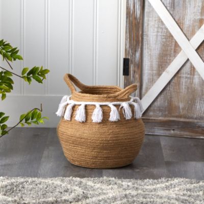 11-Inch Boho Chic Handmade Natural Cotton Woven Basket Planter with Tassels