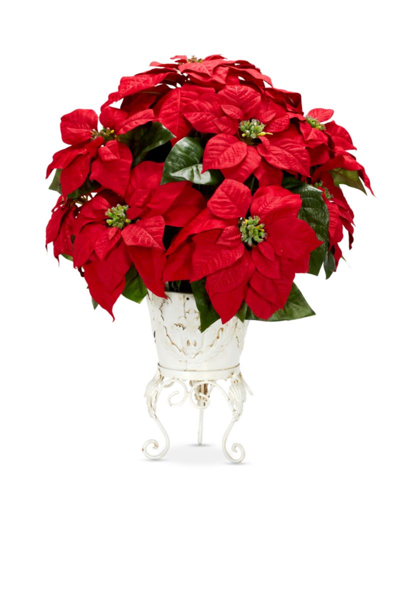 Poinsettia with Metal Planter Silk Flower Arrangement