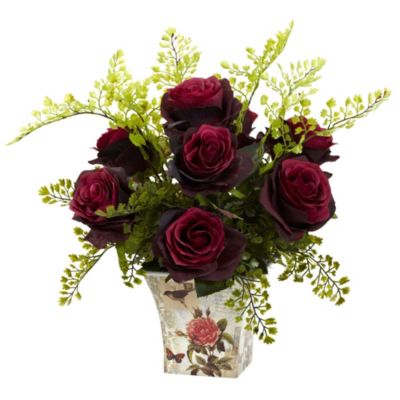 Nearly Natural Rose and Maiden Hair with Floral Planter, Red