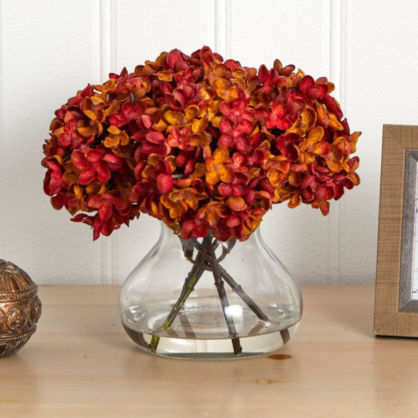 8.5-Inch H Hydrangea Silk Flower Arrangement with Glass Vase