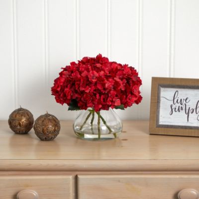 8.5-Inch Red Hydrangea Silk Flower Arrangement with Glass Vase