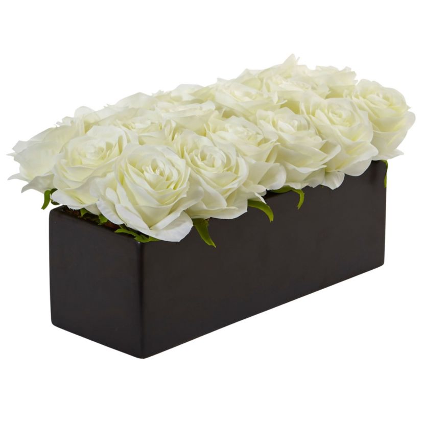Dozen Silk Roses in Ceramic Rectangular Planter