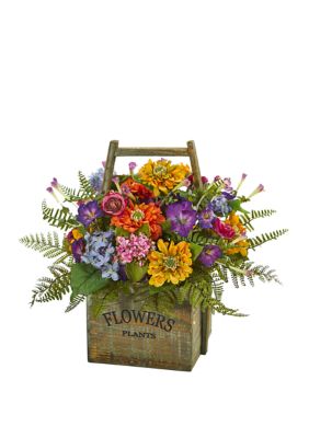 Nearly Natural Mixed Floral Artificial Arrangement in Wood Basket