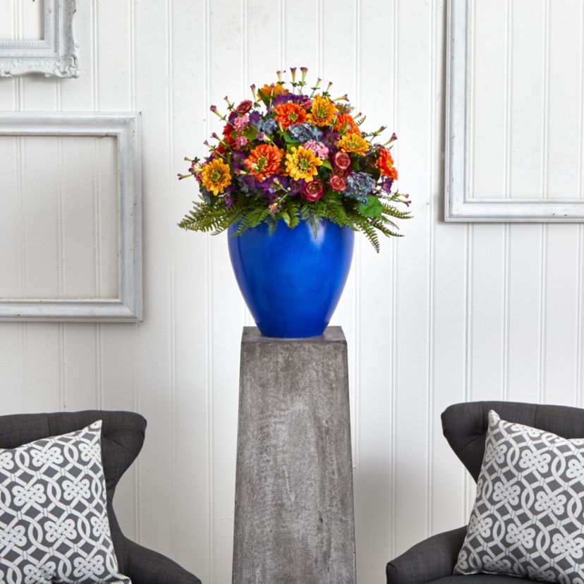 Giant Mixed Floral Artificial Arrangement in Blue Vase