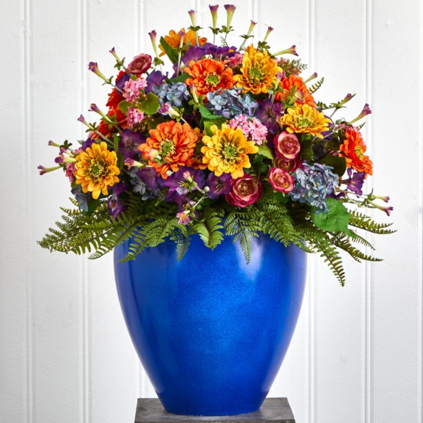 Giant Mixed Floral Artificial Arrangement in Blue Vase