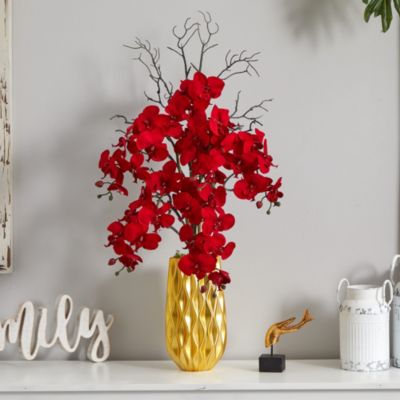 Red Phalaenopsis Orchid Artificial Arrangement in Gold Vase