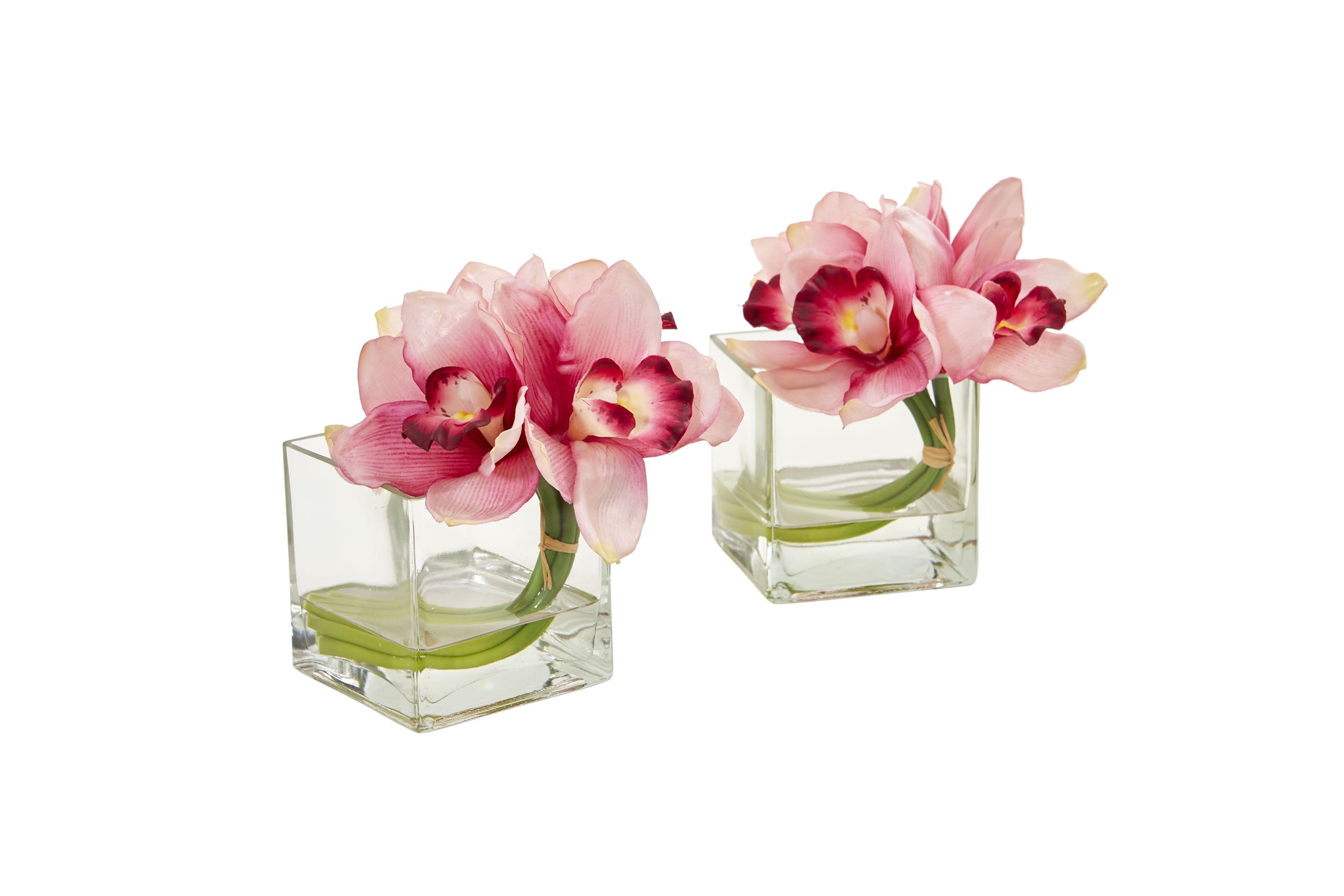 Cymbidium Orchid Artificial Arrangement in Glass Vase (Set of 2)