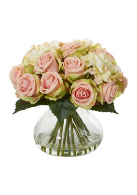 Rose and Hydrangea Arrangement in Glass Vase