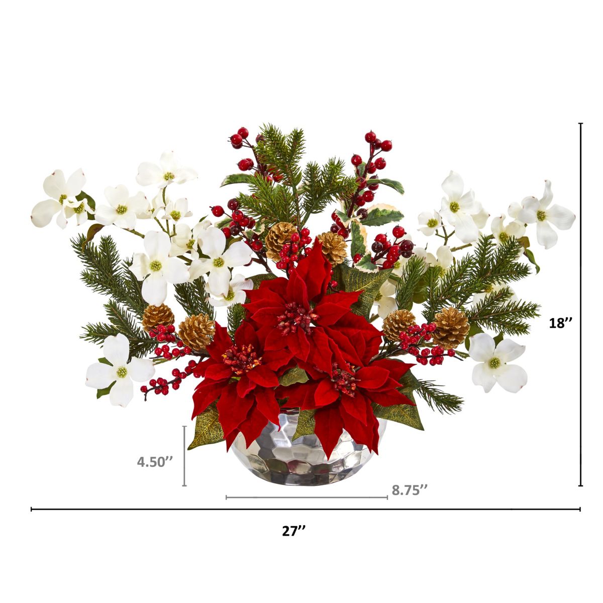 Poinsettia, Dogwood, Berry and Pine Artificial Arrangement in Silver Vase