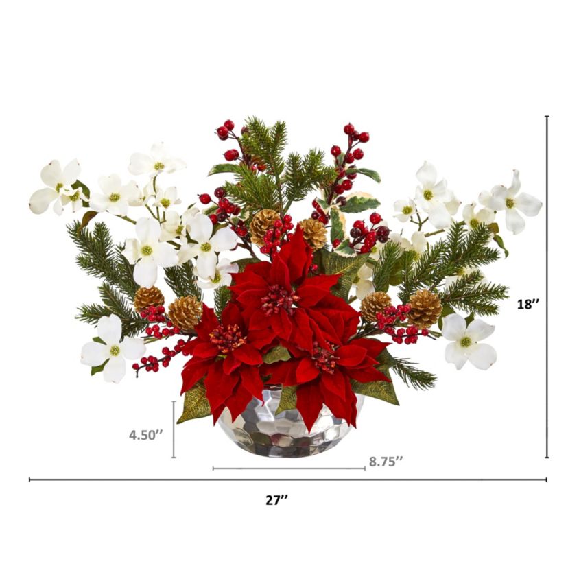 Poinsettia, Dogwood, Berry and Pine Artificial Arrangement in Silver Vase
