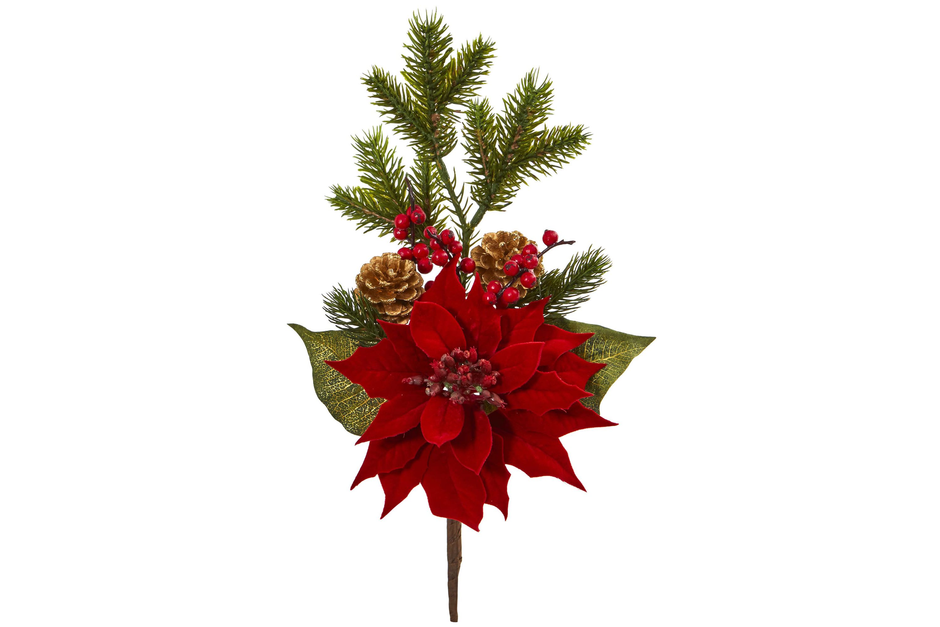 17-Inch Poinsettia, Berry and Pine Artificial Flower Bundle (Set of 6)