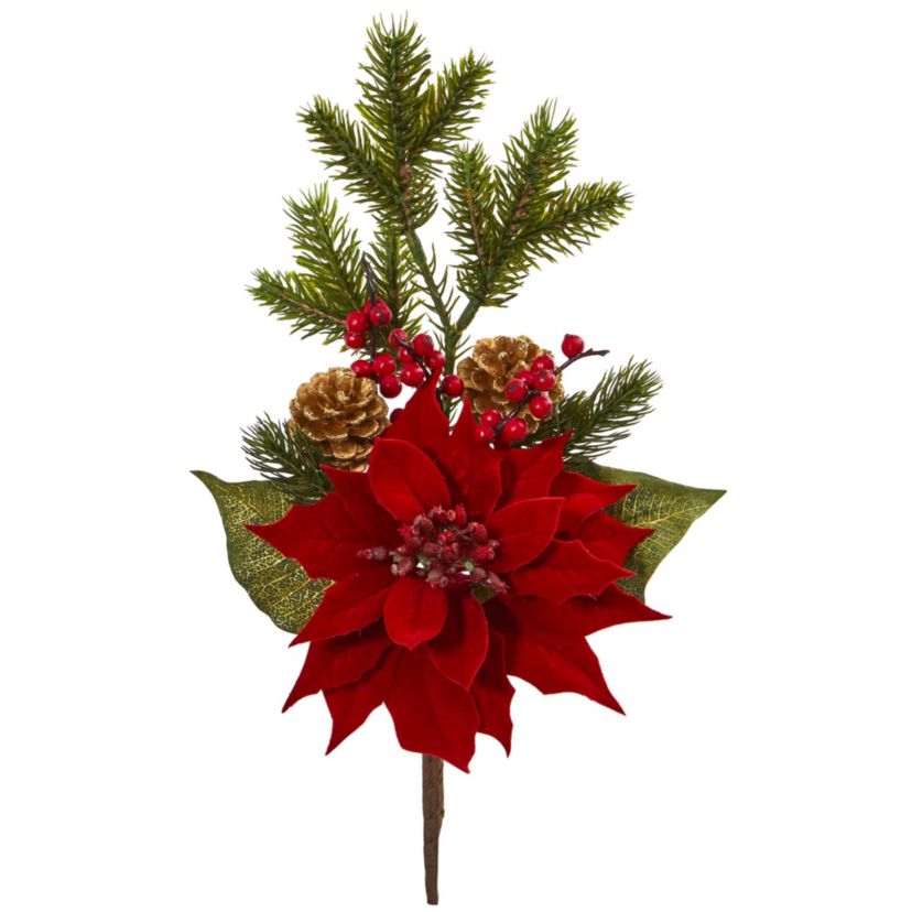 17-Inch Poinsettia, Berry and Pine Artificial Flower Bundle (Set of 6)