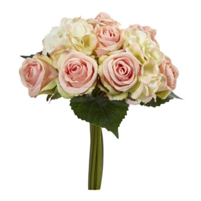 Nearly Natural 12-Inch Rose and Hydrangea Bouquet Artificial Flower (Set of 6), Pink