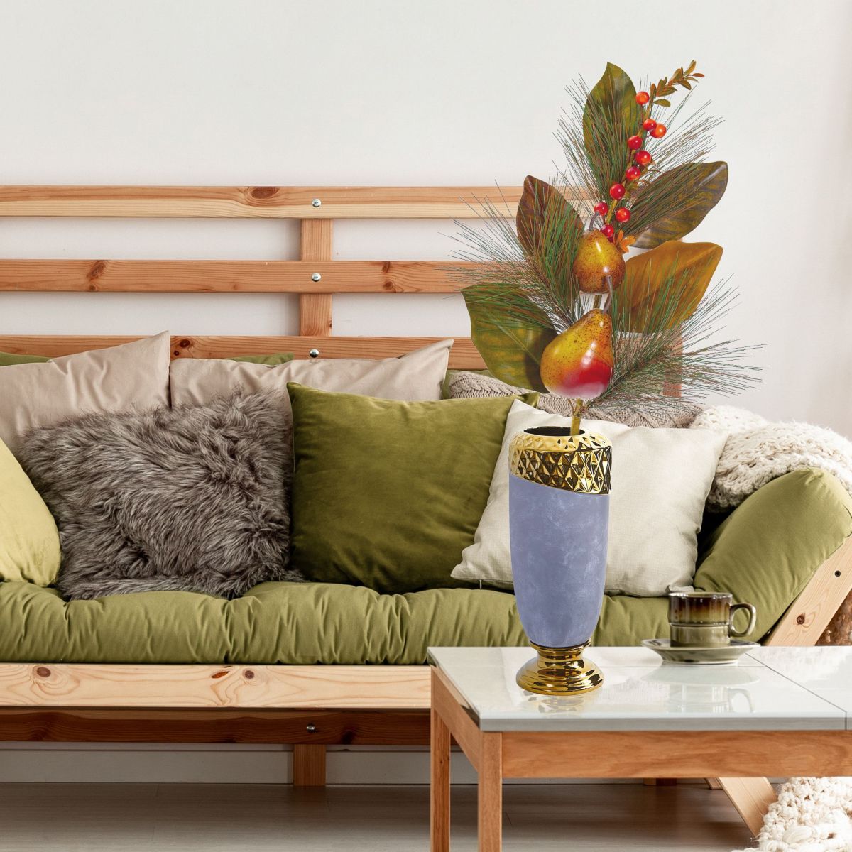 24-Inch Pear, Pine and Magnolia Leaf Artificial Flower (Set of 6)