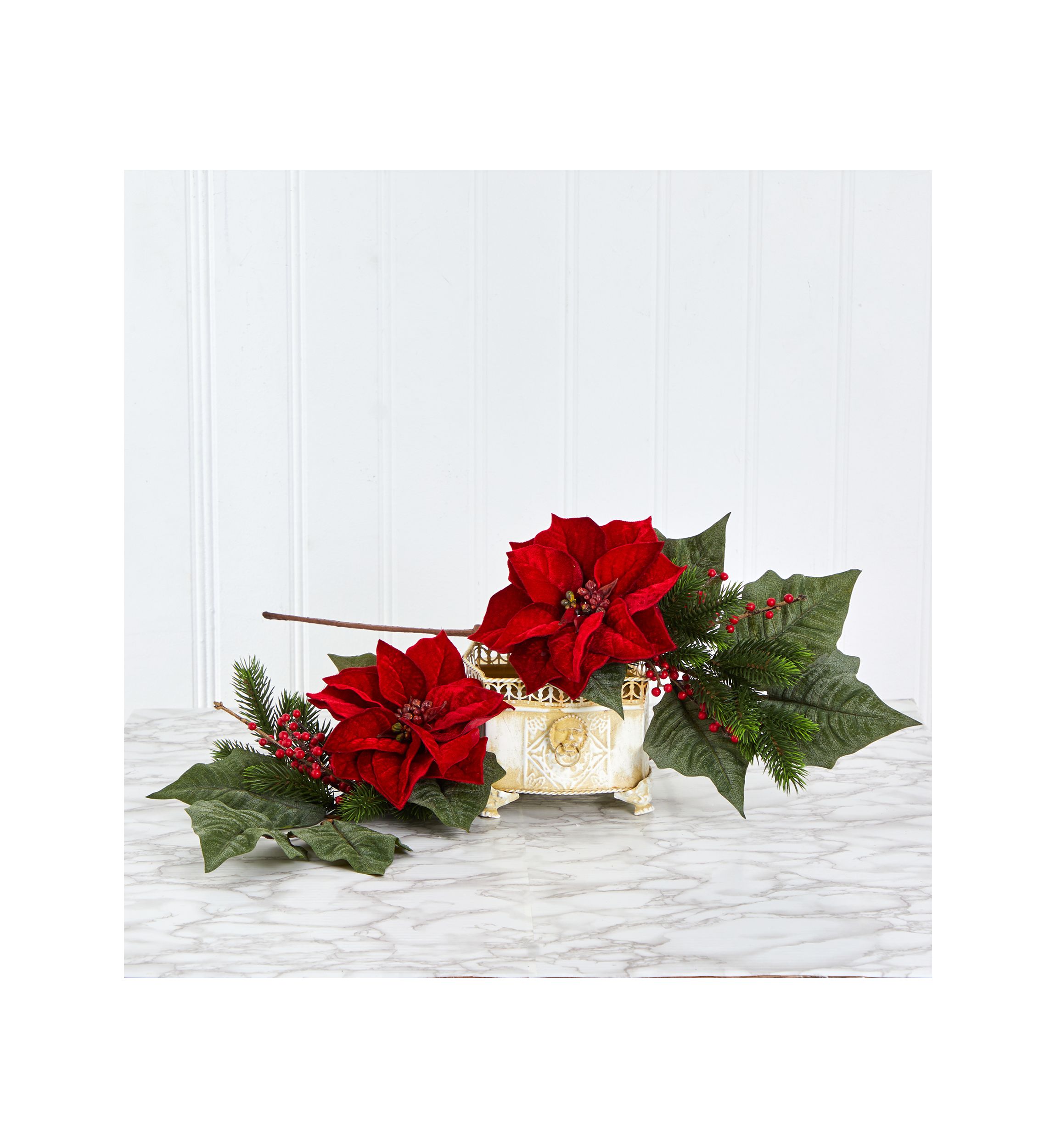 31 Inch Poinsettia, Berries and Pine Artificial Flower Bundle - Set of 3 