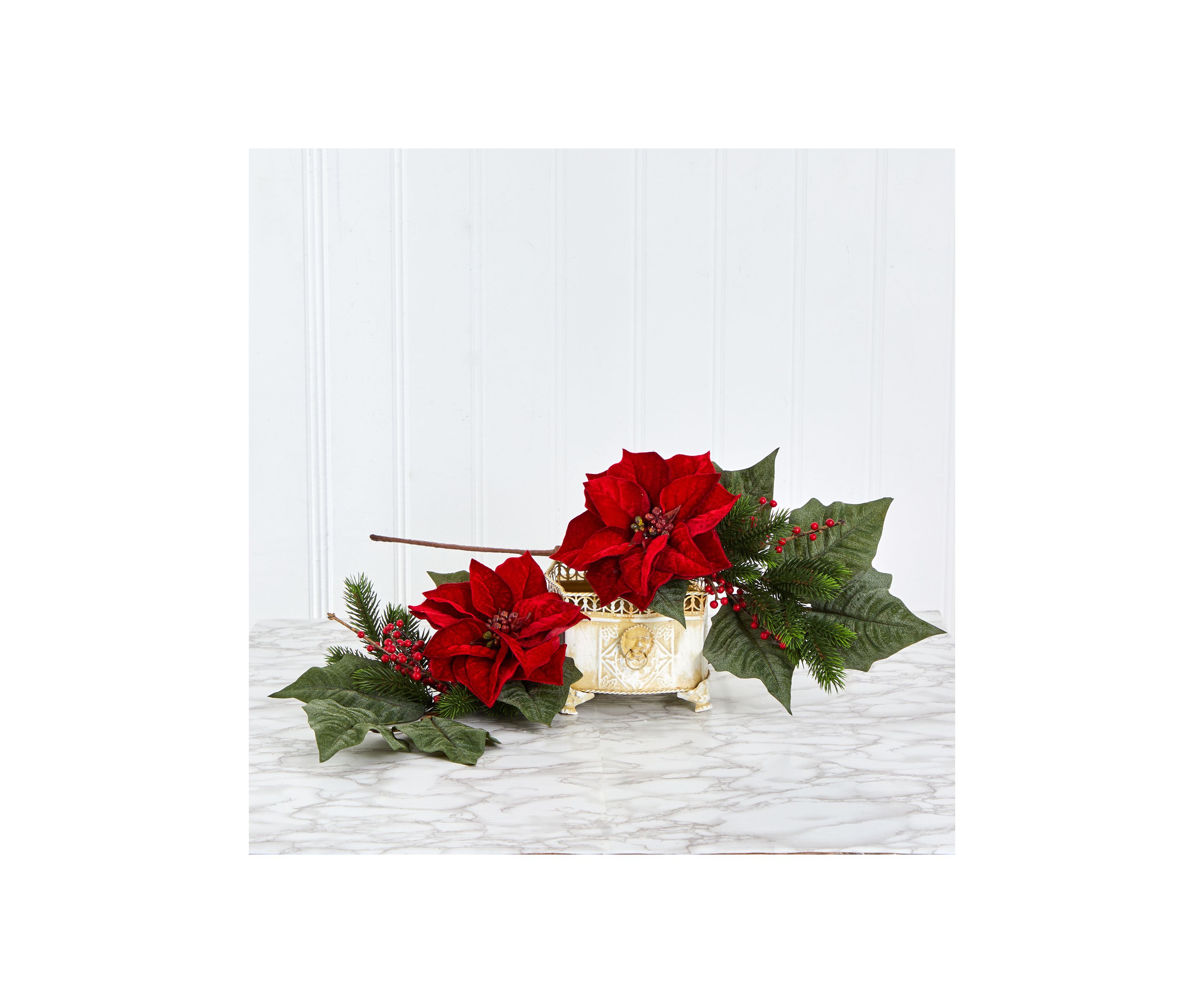31 Inch Poinsettia, Berries and Pine Artificial Flower Bundle - Set of 3 