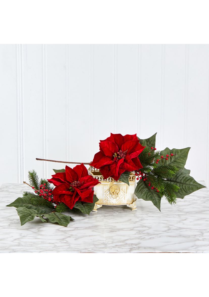 31 Inch Poinsettia, Berries and Pine Artificial Flower Bundle - Set of 3 
