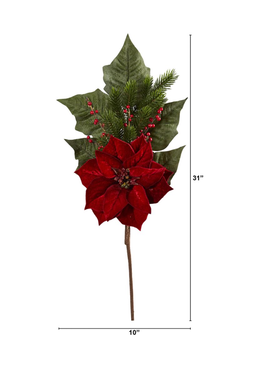 31 Inch Poinsettia, Berries and Pine Artificial Flower Bundle - Set of 3 