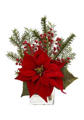 Poinsettia, Pine and Berries in Vase Artificial Arrangement