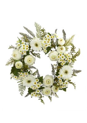 Nearly Natural 24 Inch Mixed Daisies and Ranunculus Wreath, White