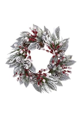 24 inch Snowy Magnolia Berry Artificial Wreath