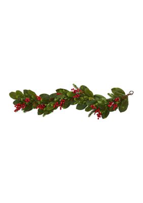 Nearly Natural 5 Foot Magnolia Berry Pine Artificial Garland, Green