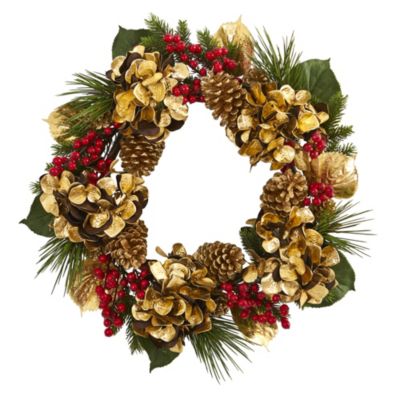 24-Inch Golden Hydrangea with Berries and Pine Artificial Wreath