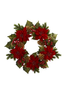 Nearly Natural 24" Poinsettia, Berry, and Golden Pinecone Artificial Wreath