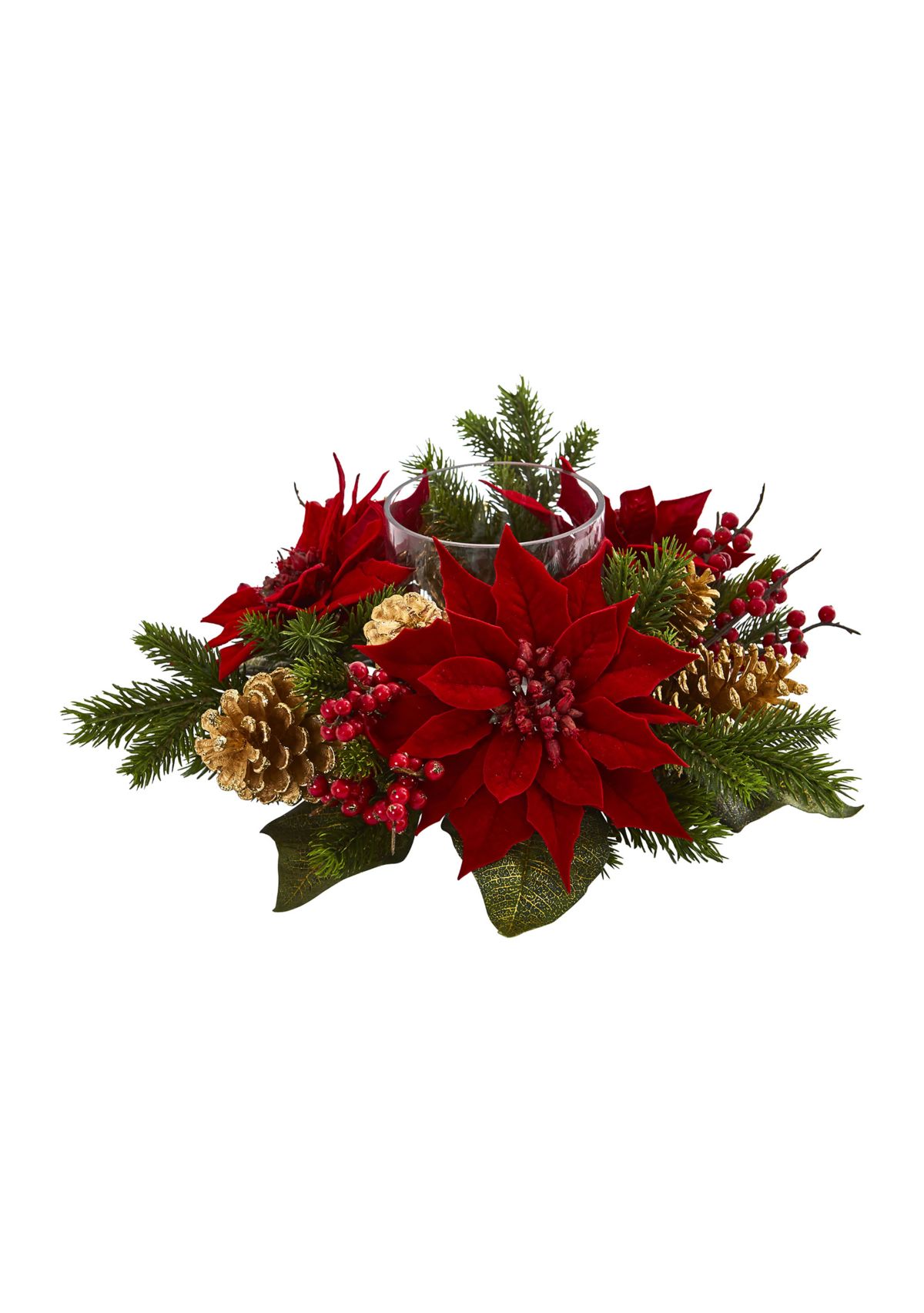 Poinsettia, Berry, and Golden Pinecone Candelabrum Artificial Arrangement