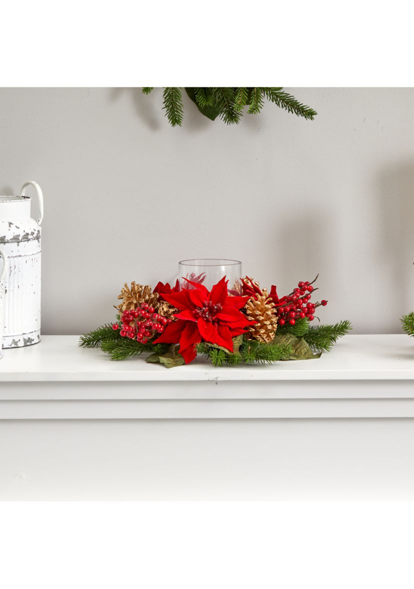 Poinsettia, Berry, and Golden Pinecone Candelabrum Artificial Arrangement