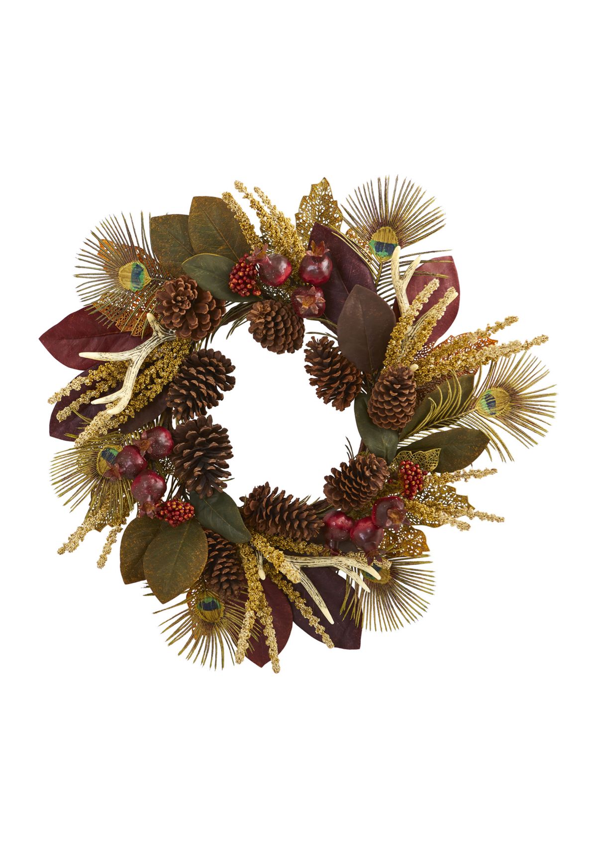 27" Magnolia Leaf, Berry, Antler, and Peacock Feather Artificial Wreath