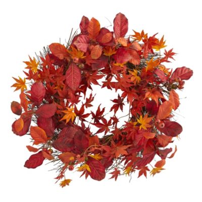 22-Inch Japanese Maple, Magnolia Leaf and Berries Artificial Wreath