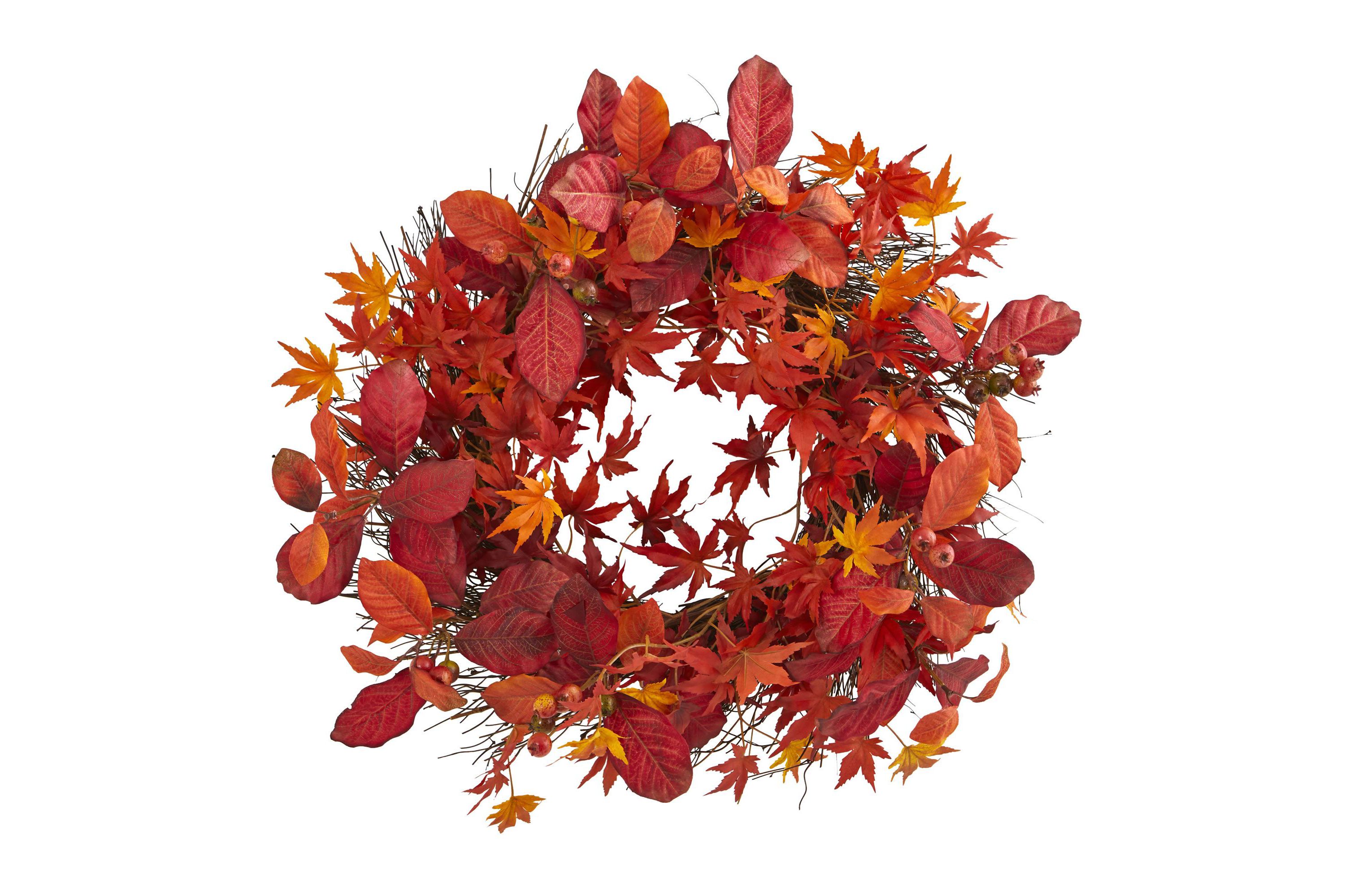 22-Inch Japanese Maple, Magnolia Leaf and Berries Artificial Wreath