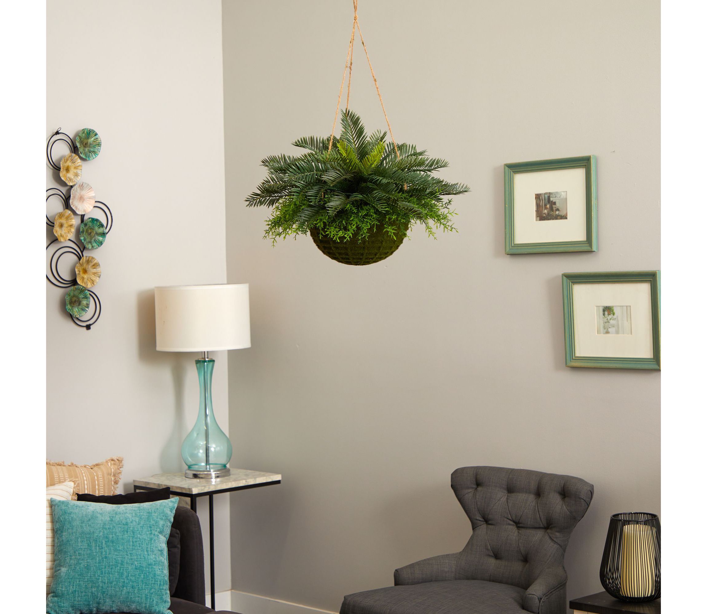 Cycas Artificial Plant in Mossy Hanging Basket (Indoor/Outdoor)