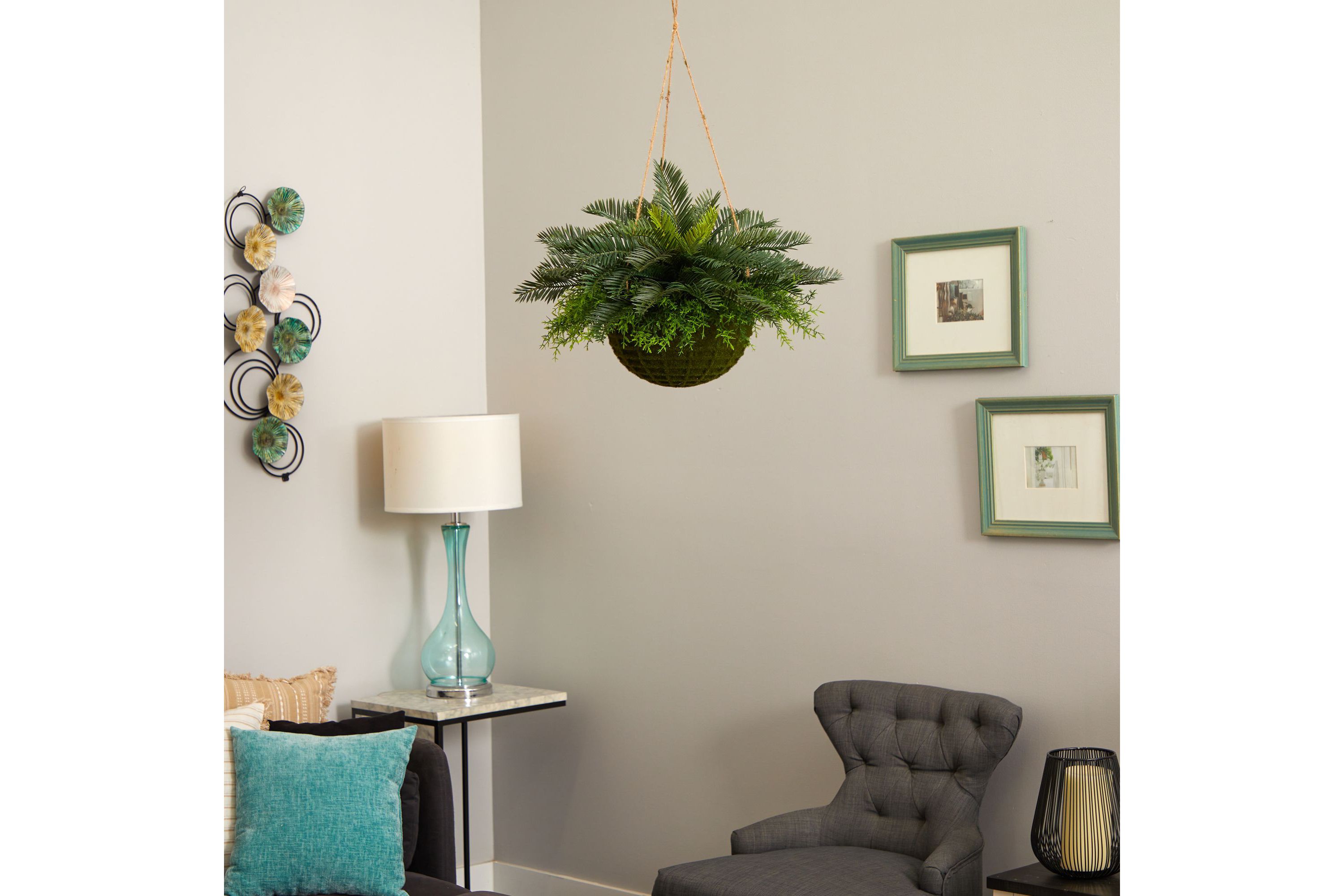 Cycas Artificial Plant in Mossy Hanging Basket (Indoor/Outdoor)