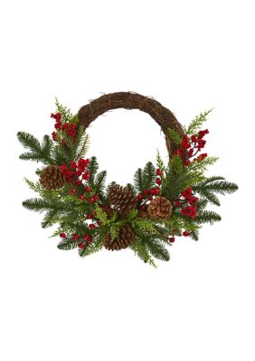 Nearly Natural 22" Mixed Pine and Cedar Artificial Wreath with Berries and Pinecones