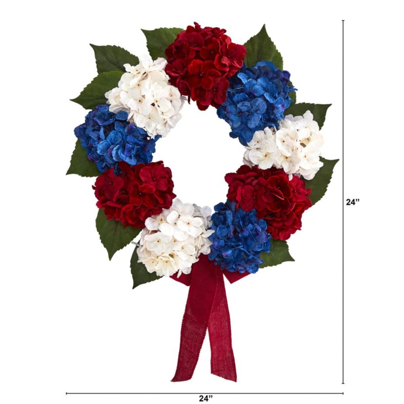 24-Inch Red, White and Blue Americana Hydrangea Artificial Wreath