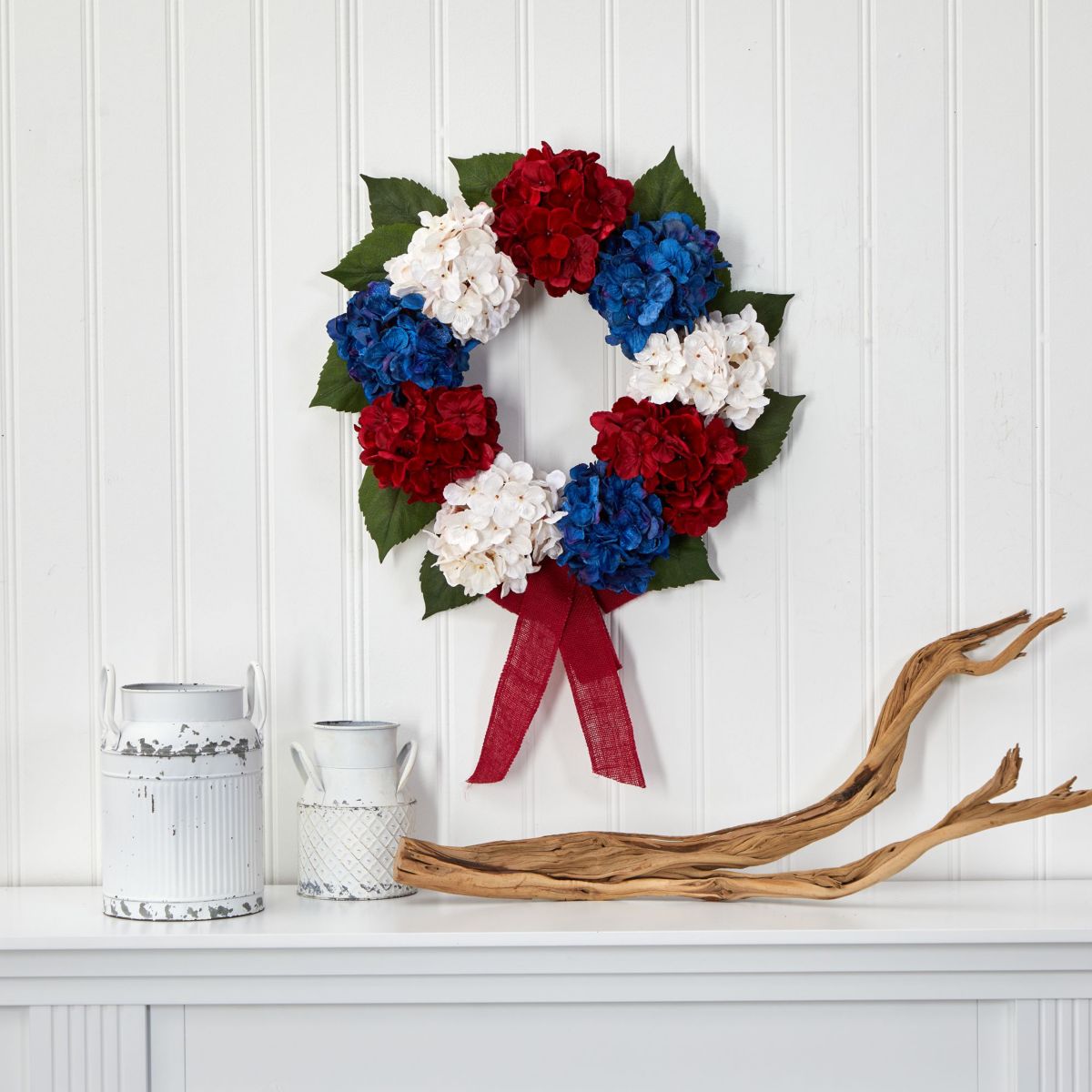 24-Inch Red, White and Blue Americana Hydrangea Artificial Wreath