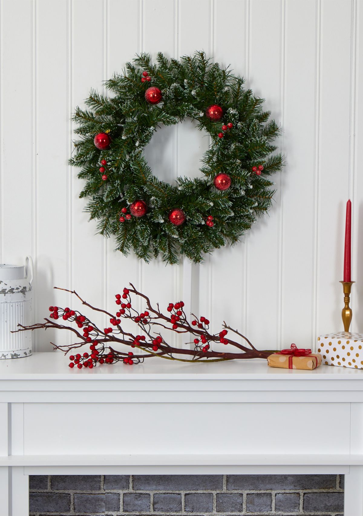 Frosted Christmas Wreath with Ornaments and Berries